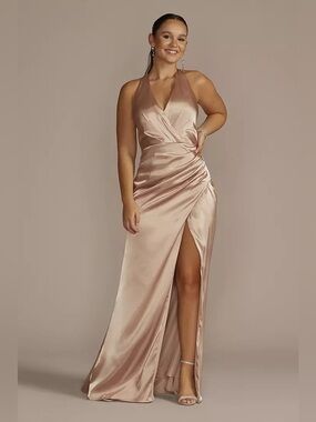 New! Galina Signature x David’s Bridal Charmeuse Halter Maxi Dress Sand 🎀 6 NWT!